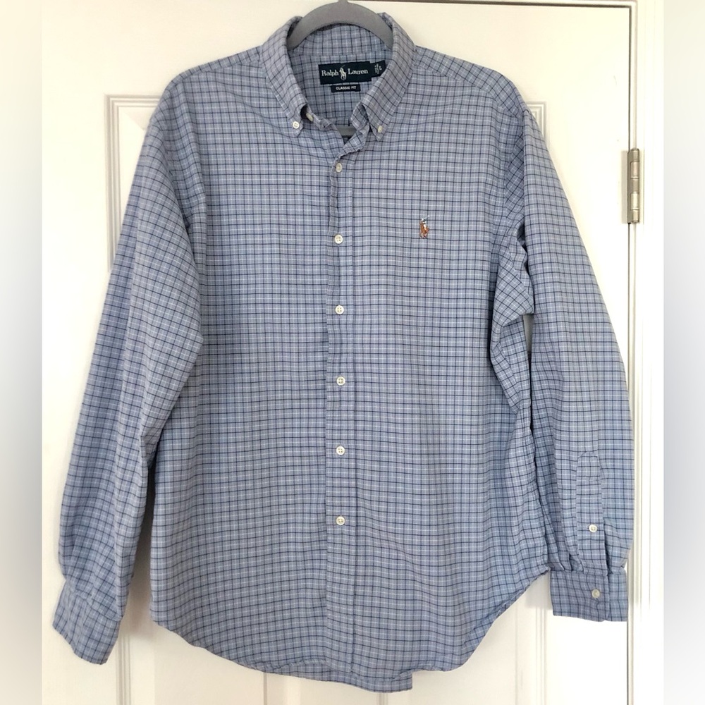 Ralph Lauren Polo Mens Blue White Plaid Button Down Shirt Size Large